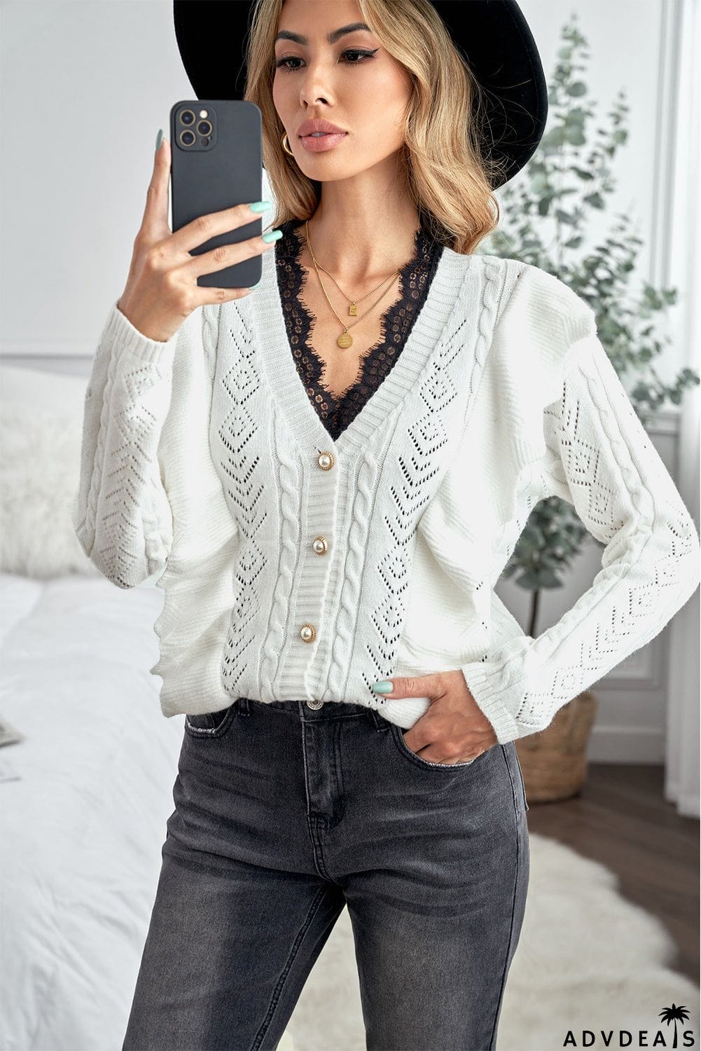 Ruffled Buttoned Open Front Knitted Sweater