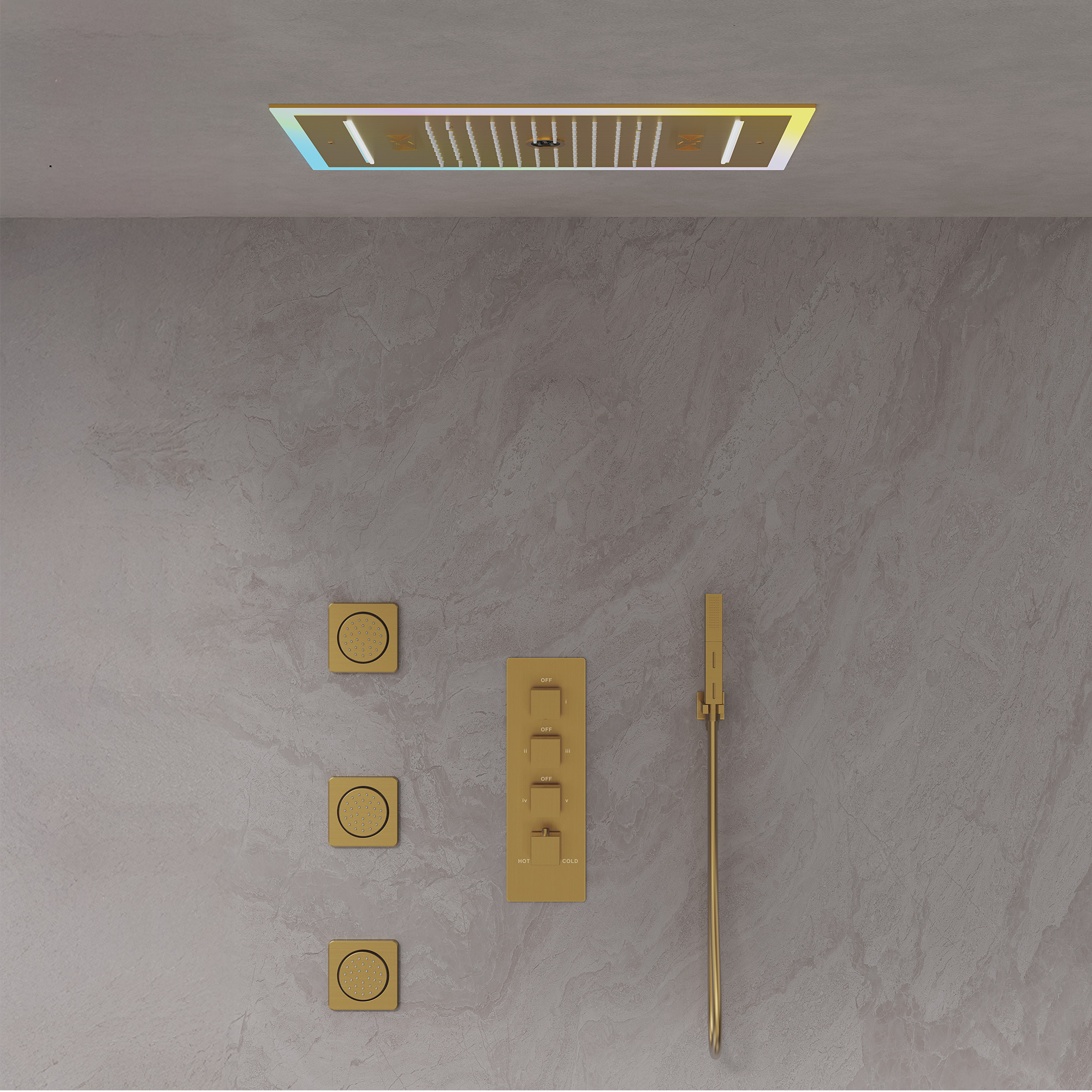 25 in. 3-Spray Ceiling Mount Thermostatic LED Music Dual Fixed and Handheld Shower Head 2.5 GPM in Brushed Gold