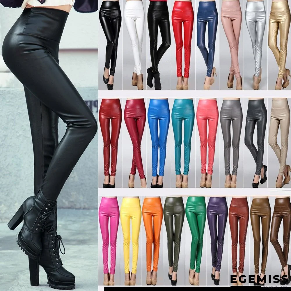 Plus size color elastic pu thick leggings leather Leggings | EGEMISS