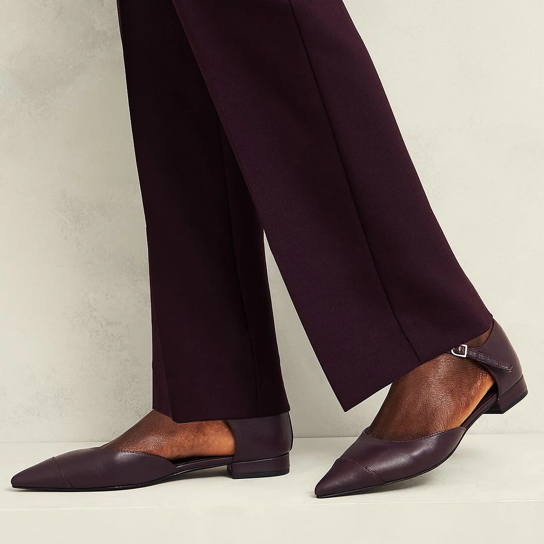 Dark Purple Vegan Leather Pointed Toe Buckle Fastening Strappy Flats