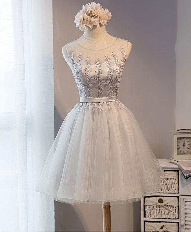 Cute Gray Lace Tulle Short Prom Dress