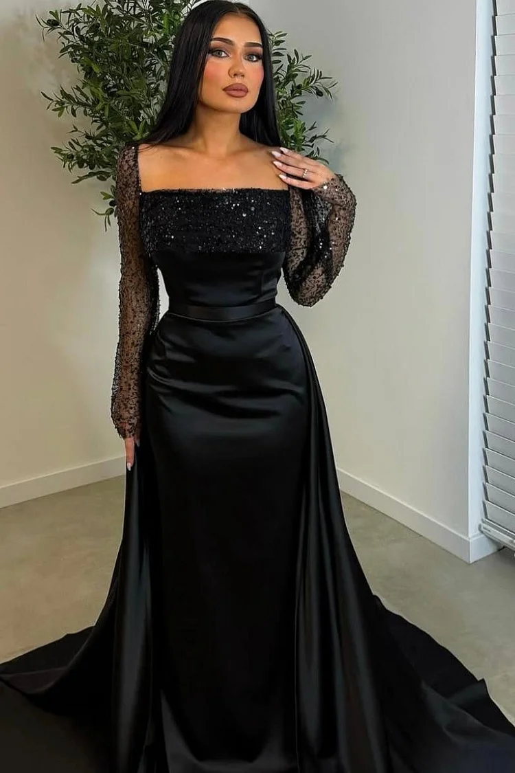 Long Sleeves Square Neck Long Mermaid Prom Dress With Sequin HS0004