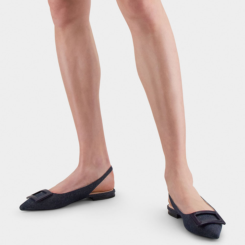 Blue Denim Pointed Toe Flat Buckle Embellished Slingback Shoes Nicepairs