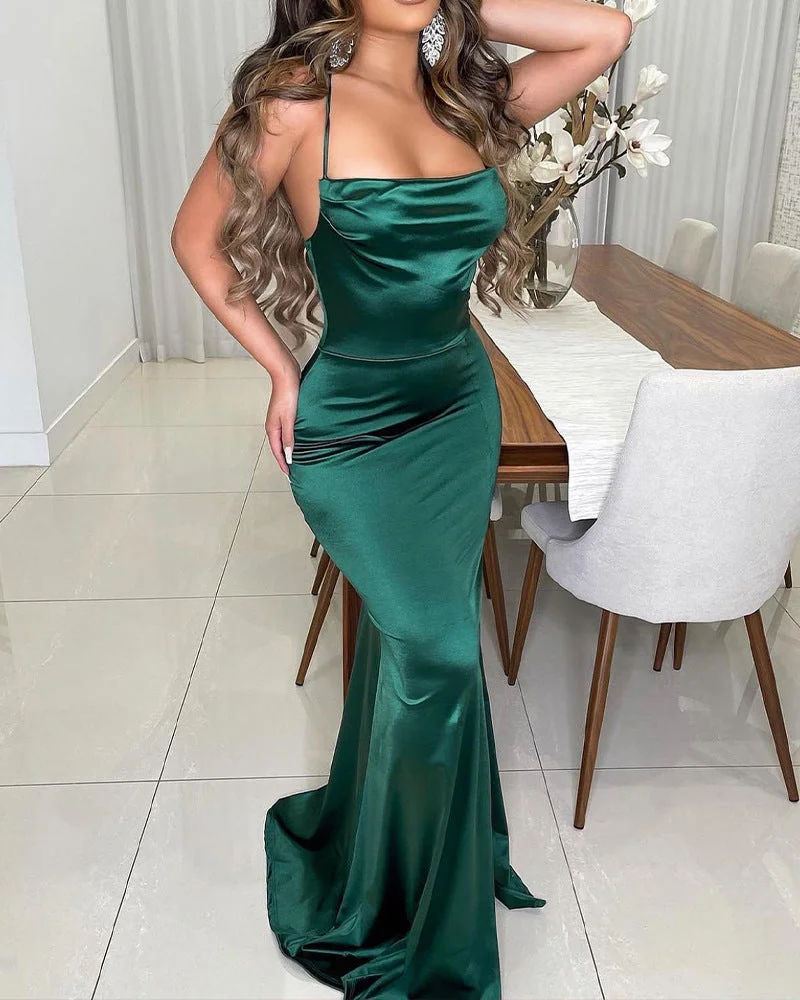 Neosepa-Sexy Halter Neck Slim Waist Silk Army Green Slit Maxi Dress