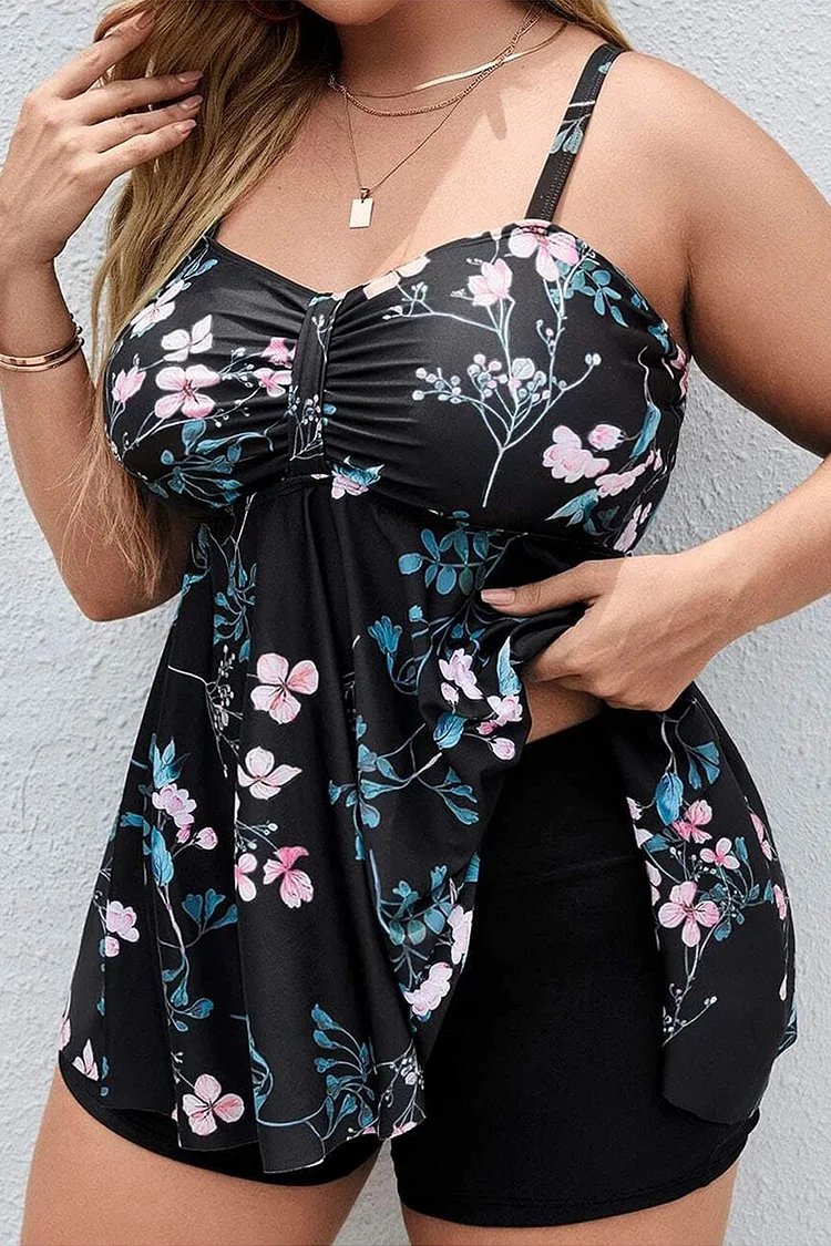 Plus Size Casual Black Plant Floral Print Pleated Two Pieces Swimwear  Flycurvy [product_label]