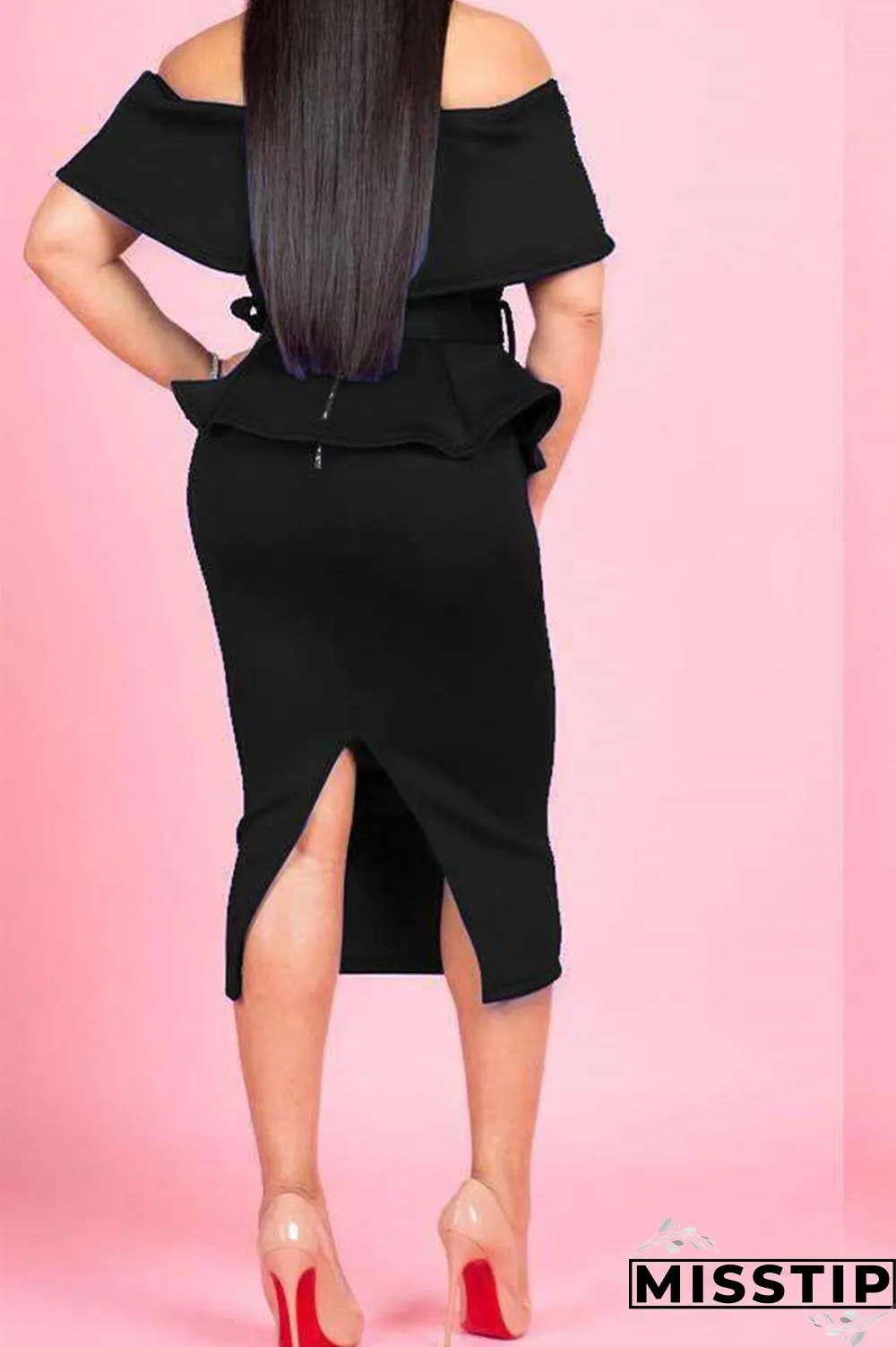 Black casual fashion off the shoulder sleeveless one word collar asymmetrical mid-calf