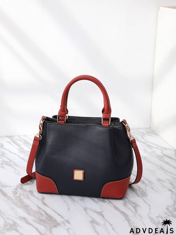 Colorblock Pattern Stitch Trim Tote Bag