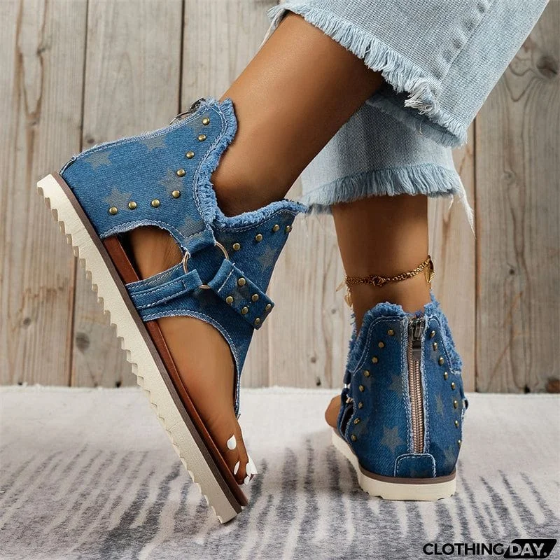 Trendy Metal Rivets Flat Zipper Roman Sandals for Lady