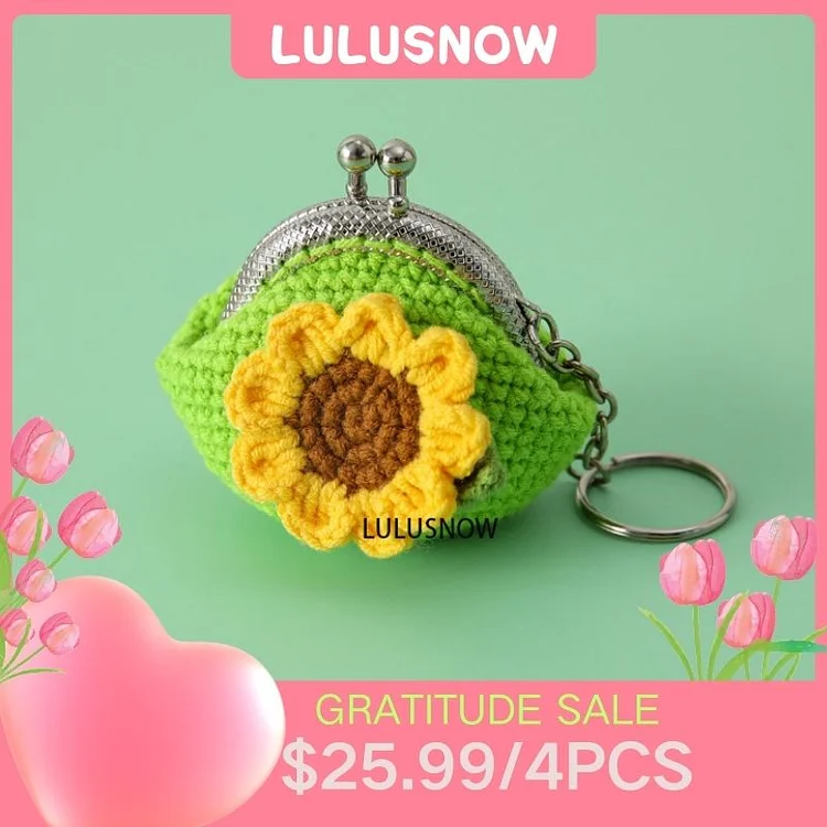 Lulusnow Handmade Green Sunflower Crochet Coin Purse Keychain Bag Pendant Gift for Her/Friend/Kids