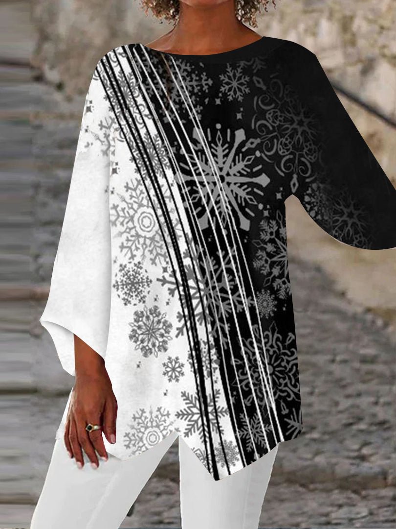 Women Asymmetrical 3/4 Sleeve Scoop Neck Printed Stitching Tops