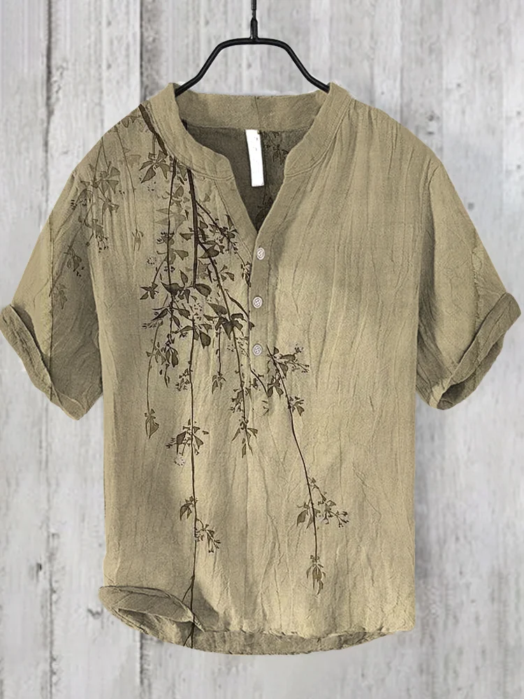 Japanese Art Flower Pattern Linen Blend Shirt