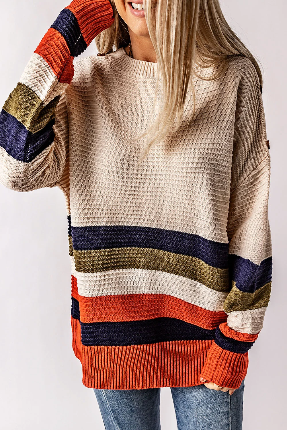 White Buttoned Shoulder Drop Shoulder Striped Sweater | IFYHOME