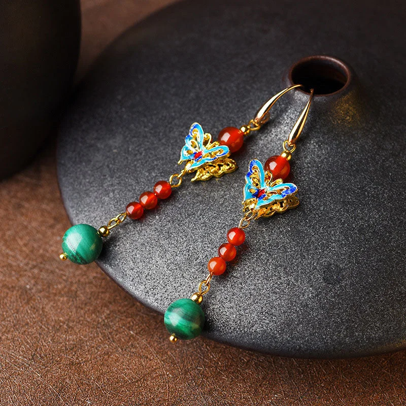 Malachite Bead Butterfly Protection Drop Earrings