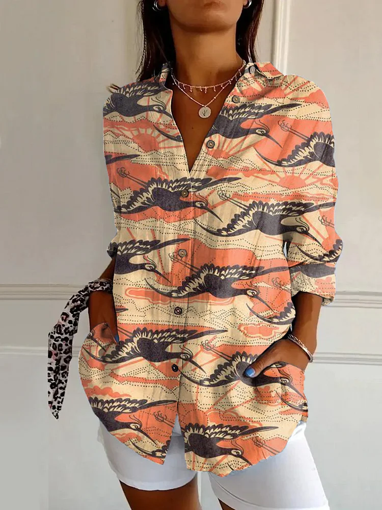 Japanese Crane Print Casual Long-sleeved Shirt