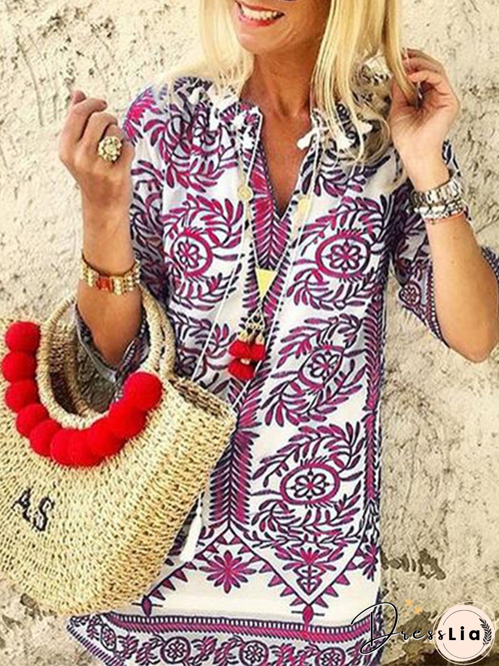 Fashion Five-Sleeve Printed Deep V-Neck Dress P11560