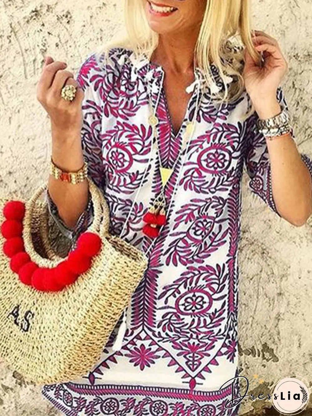 Fashion Five-Sleeve Printed Deep V-Neck Dress P11560