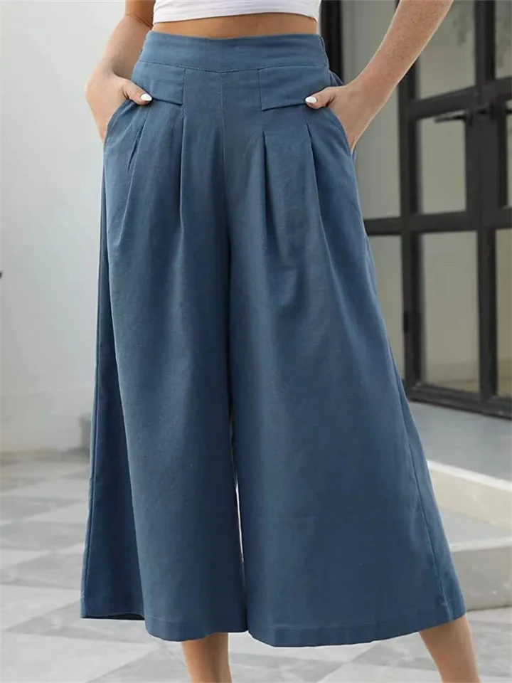 Women's Flowing Cotton Flared Wide-leg Pants Casual Pants High Waist Pants-JRSEE
