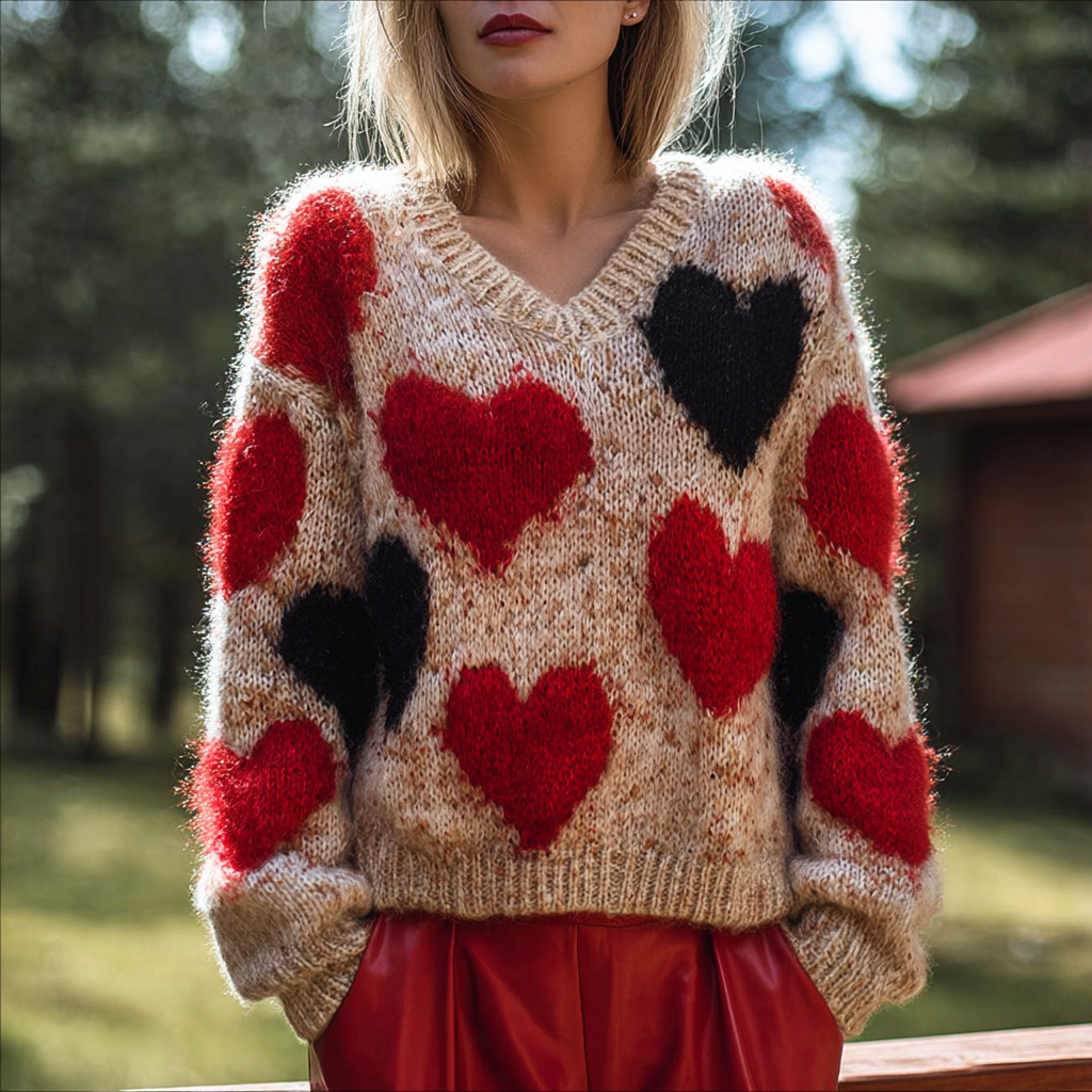 Valentine's Day Love Heart Pattern Women's V-neck Sweater wearshes