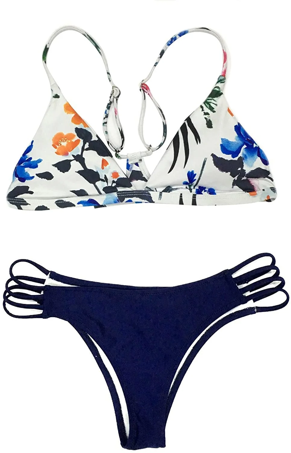 Women's Colorful Floral Print Strappy Padded Bikini Set Thong Sexy Swimwear (Medium Colorful Print)