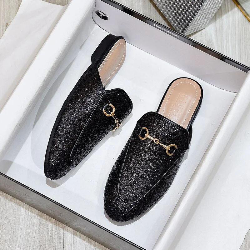 Spring/Fall 2021 Women's Outdoor Shoes Round Toe Slippers Fashion Designer Sequin Gold Flat Muller Large 41-44 free shipping