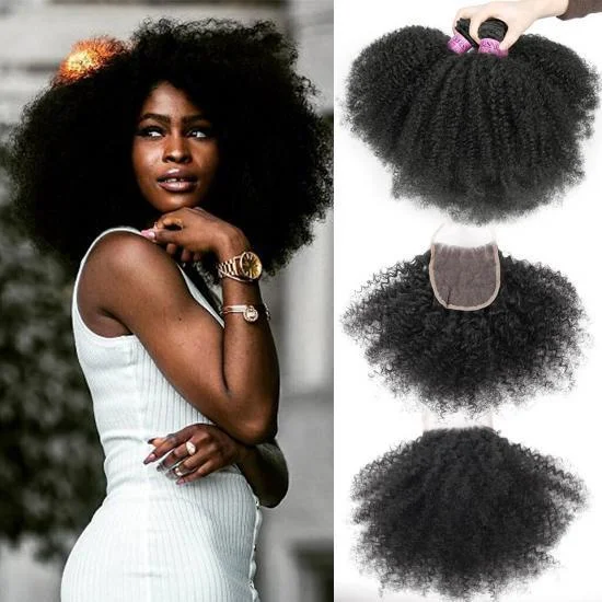  Free Shipping Yvonne Premium Grade Afro Kinky Curly 3 Bundles With 4x4 Closure Brazilian Virgin Hair