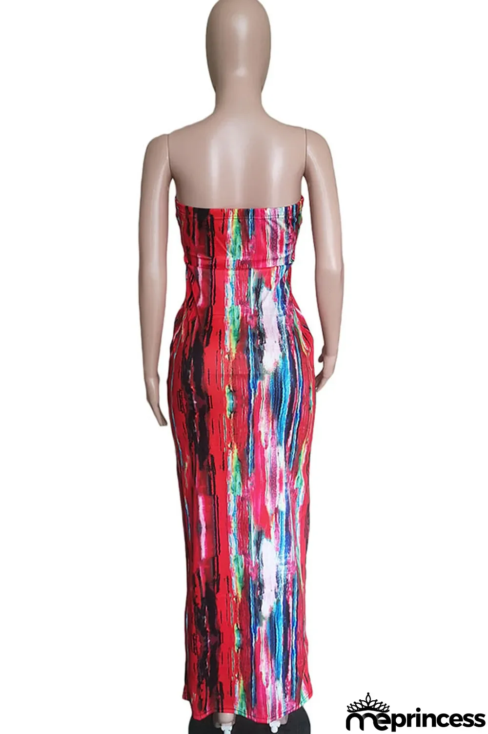 rose red Sexy Print Tie-dye Backless Strapless Pencil Skirt Dresses