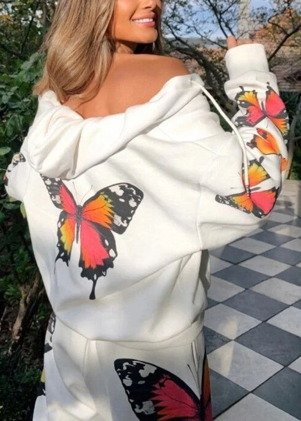 Fashion White Hooded Butterfly Print Cotton 2 Piece Outfit Fall