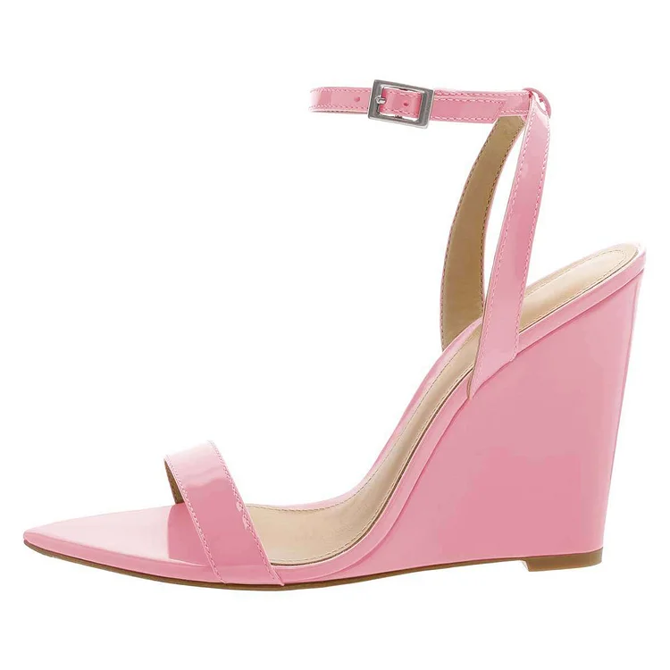 Pink Patent Leather Wedge Heels Ankle Strap Sandals Vdcoo