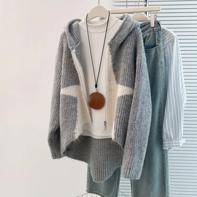 Athvotar Athvotar Design Sense Of The Star Short-Sleeved Hooded Knitted Sweater Women's Autumn And Winter Slim Clothes