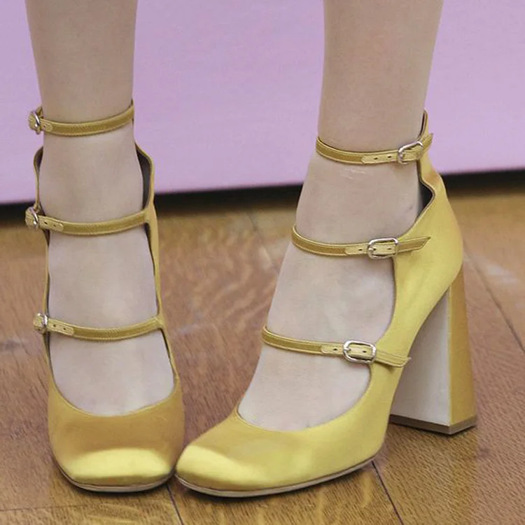 Yellow Square Toe Mary Jane Pumps with Chunky Heels Vdcoo