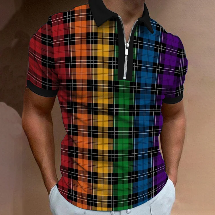 BrosWear Rainbow Check Print Short Sleeves Polo Shirt