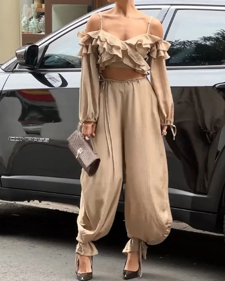 One shoulder solid color two piece suit