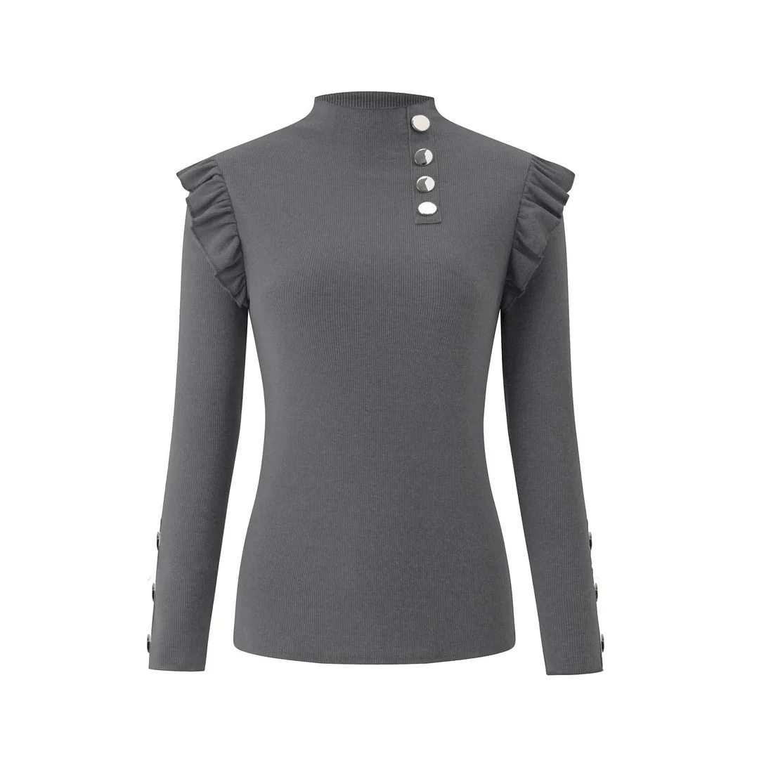 Plus Size Autumn Winter Women Blouse Long Sleeve Knitwear Rib Ruffle Buttons Blouse Basic Shirt