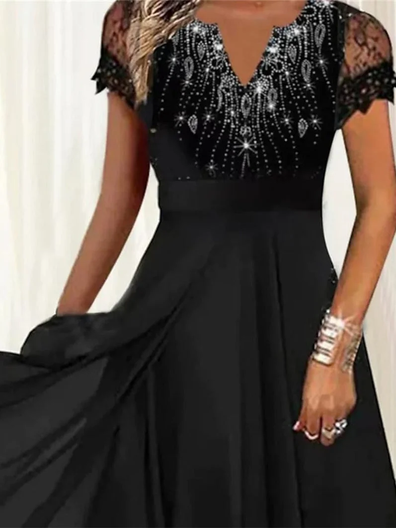 Women Short Sleeve V-neck Graphic Printed Lace Midi Dress