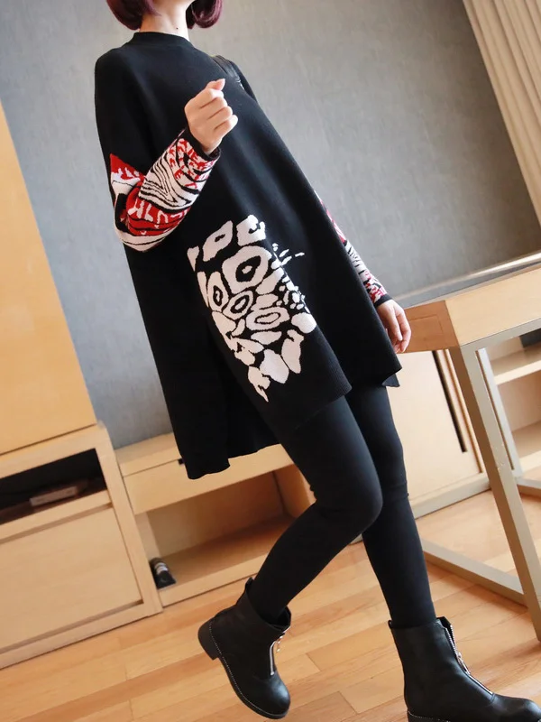 Casual Roomy Print Split-Side Knitted Sweater