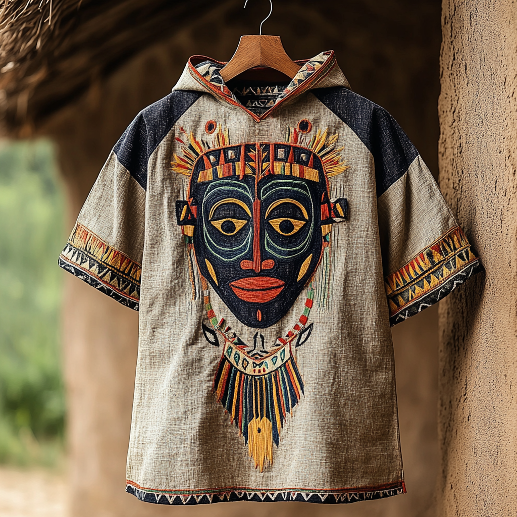 Men's Tribal  African Mask Geometry Art Linen Hooded T-shirt