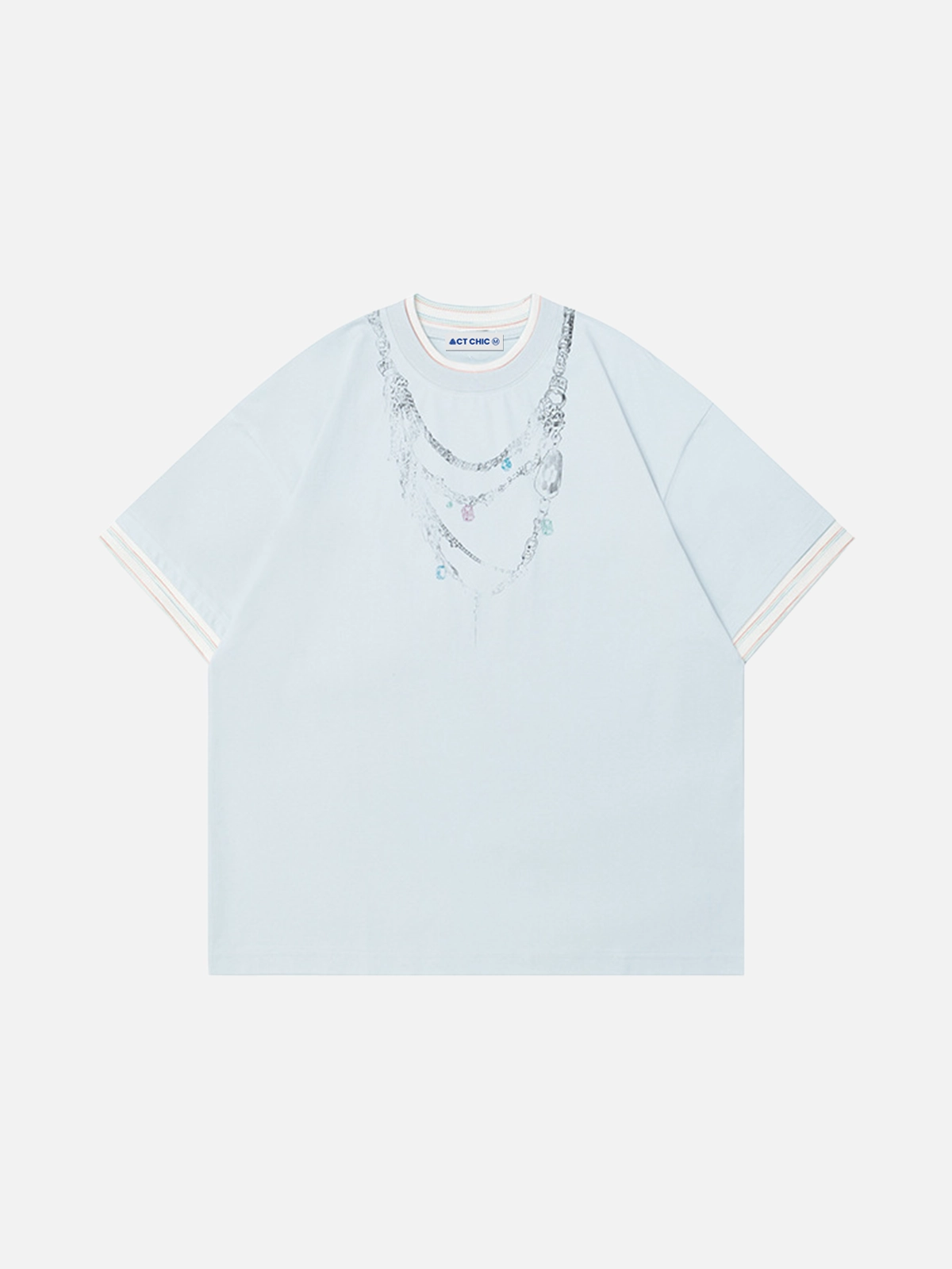 Blue Act Chic Necklace Print Short Sleeve T-shirt Front