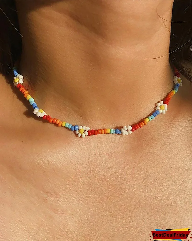 Rainbow Color Daisy Pattern Beads Choker Necklace P9675251611