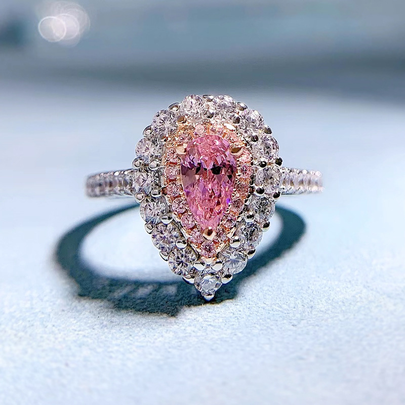 MIKAMU Jewelry S925 Silver Pink Diamond Pear-Shaped 4*7 Droplet Ring - Colorful Micro-Set Diamond Wedding Ring Gift for Bridesmaids