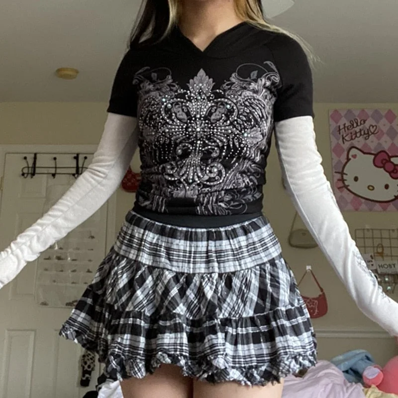 E-girl Grunge Kawaii A-line Skirt y2k Vintage High Waist Plaid Mini Skirt Harajuku Mall Goth Gothic Punk Style Streetwear
