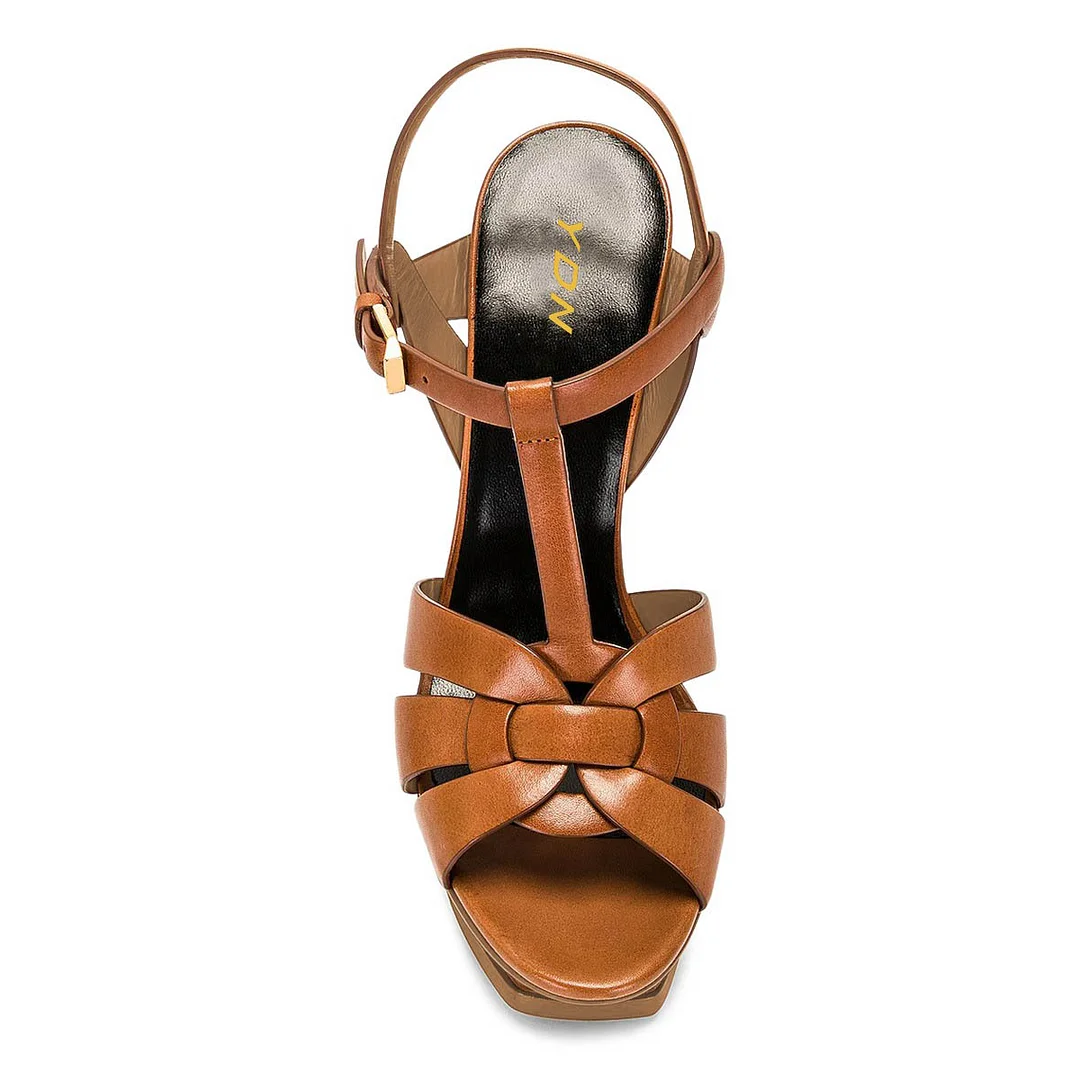 Elegant Brown Round Toe Buckle Platform T-Strap Heeled Sandals