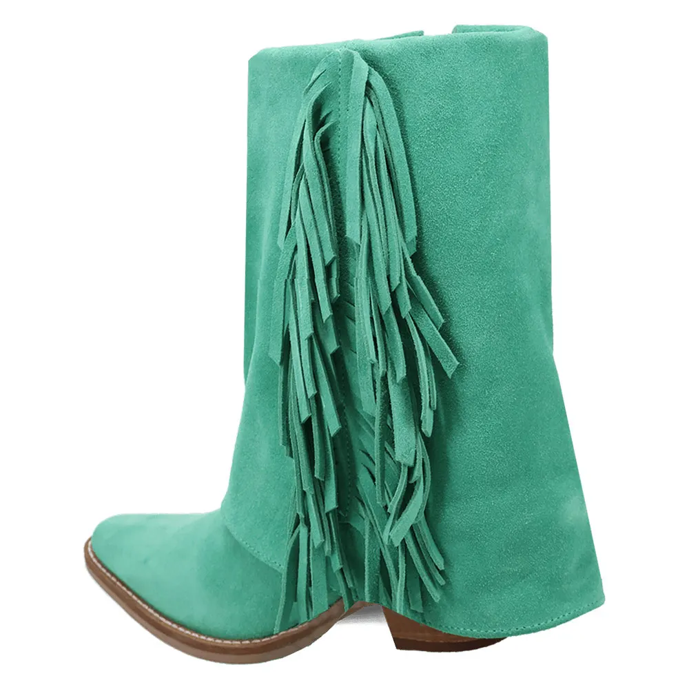 Green Vegan Suede Almond Toe Fringe Chunky Heel Fold Over Ankle Boots