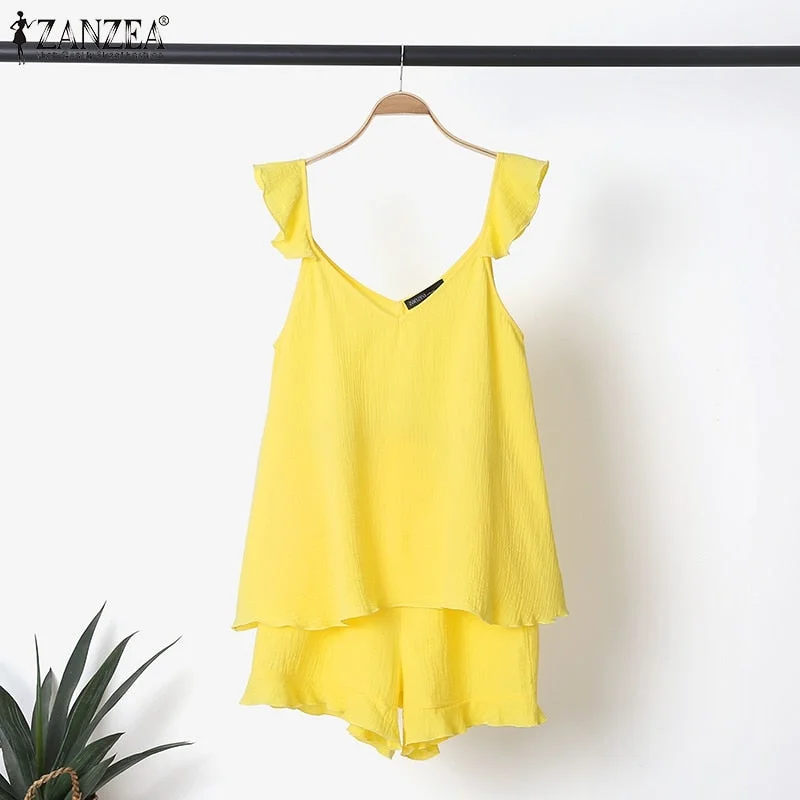 2pcs Women Sets ZANZEA Summer Bohemian Short Sets Solid Cotton Homewear Outifits Sexy Sleeveless Tanks Tops Beach Matching Sets