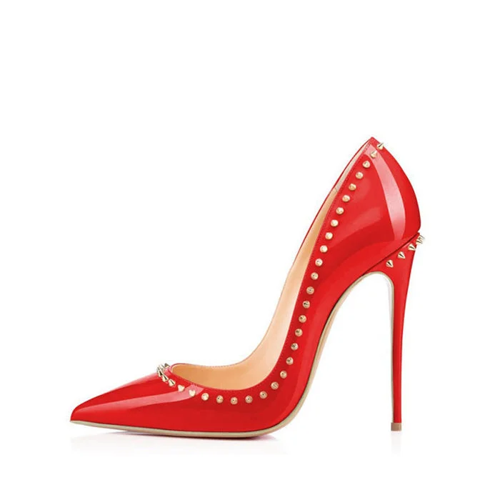 Patent Leather Pointed Toe Studded Stiletto Pumps-Red