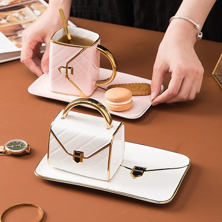 Handbag-Shaped Creative Mug With Saucer & Spoon