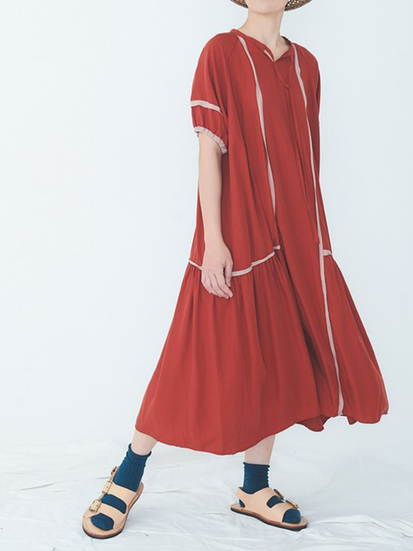 Loose Puff Sleeve Lace-Up Pleated Midi Dress