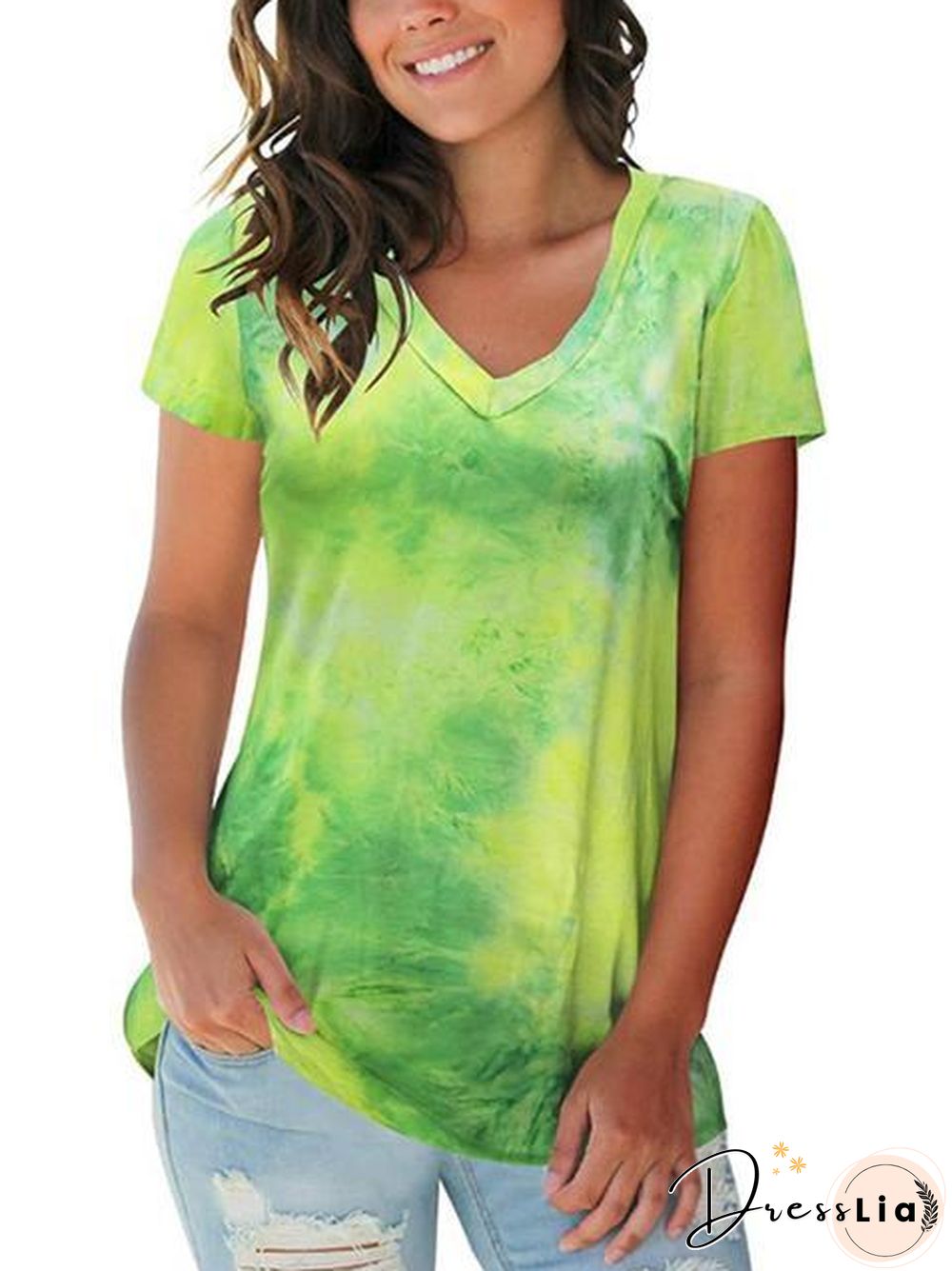 Tie-Dye Print V-Neck Loose T-Shirt