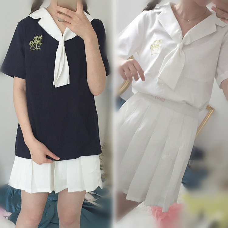 Navy/White Two-Piece Sailor Collar Shirt/High Waist Pleated Skirt SP166076