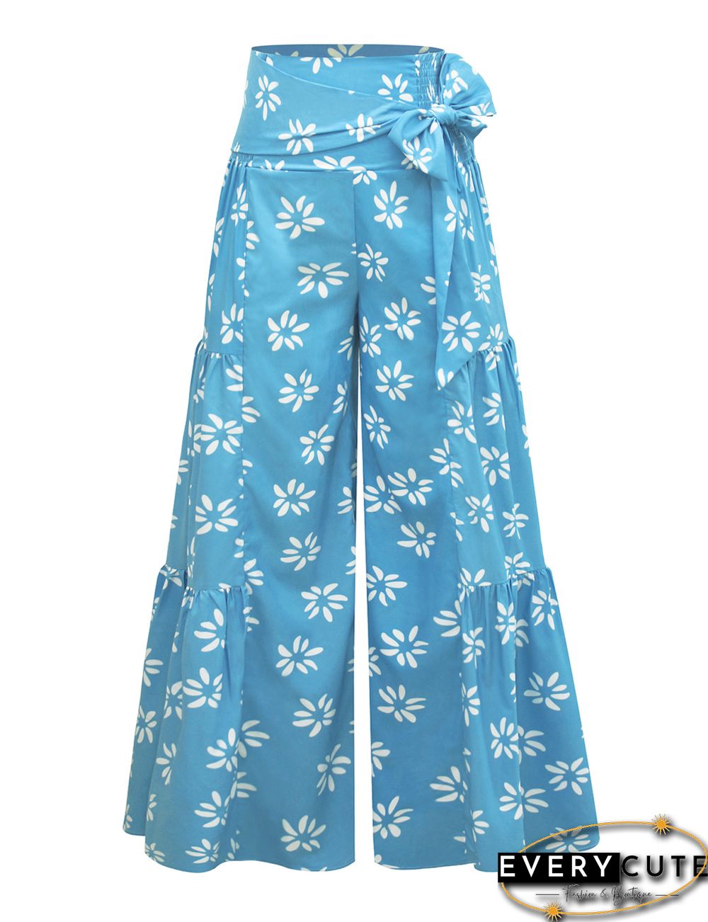 Aquamarine Digital Print Tie Waist Beachwear Wide Leg Pants