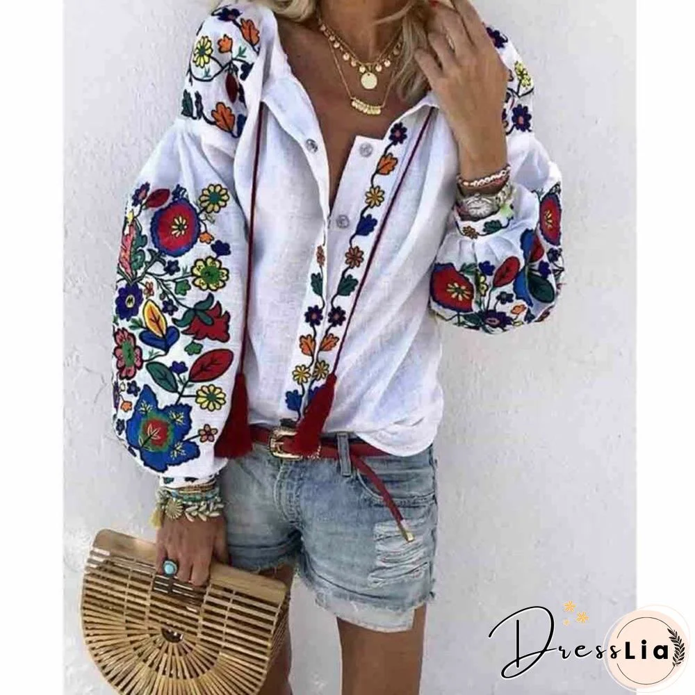 Women Shirt Button Flower Blouses Tee Deep V-Neck Long Sleeve Shirts Top Blouse Puff Sleeve Shirt Ladies Tops Autumn Clothes